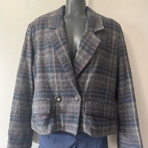 Adnan Women's Plaid Jacket  Crop Gray and Blue 100%wool